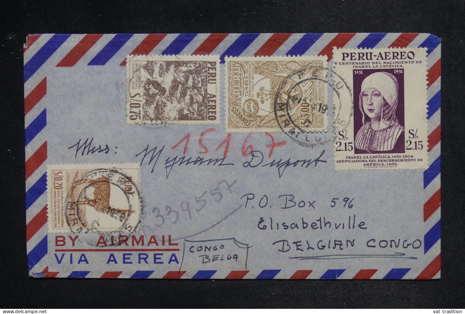 PEROU - Enveloppe De Lima Pour Le Congo Belge En 1956  - L 151993 - Peru