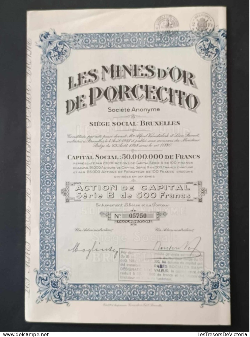 Action  De La Compagnie Les Mines D'or De Porcecito - 48 Actions De Capital Série B De 500 Francs - Mineral