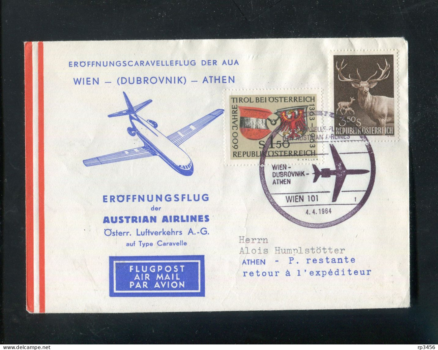 "OESTERREICH" 1964, AUA-Caravelle-Erstflugbrief "Wien-Athen" (R1137) - Erst- U. Sonderflugbriefe