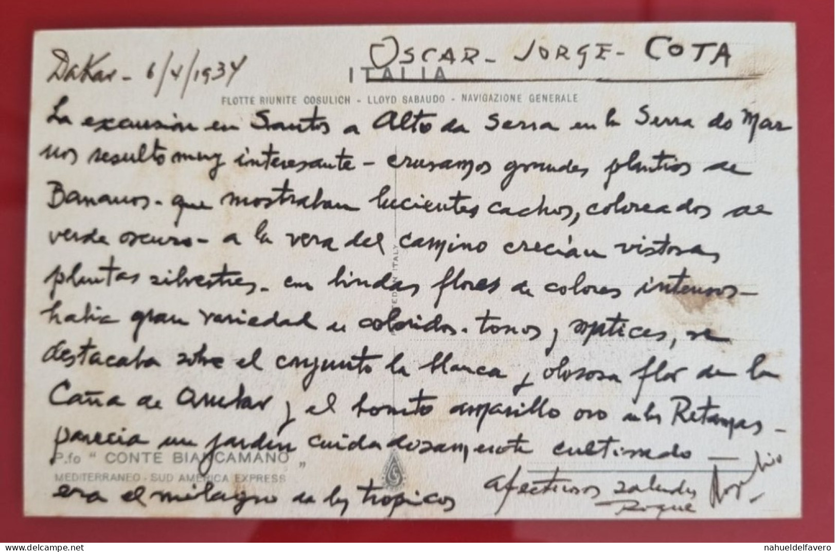 CARTE POSTALE CIRCULÉE À DAKAR, SANS TIMBRE 1934 - P.fo "CONTE BIANCAMANO", Mediterraneo, Sud America Express - Houseboats