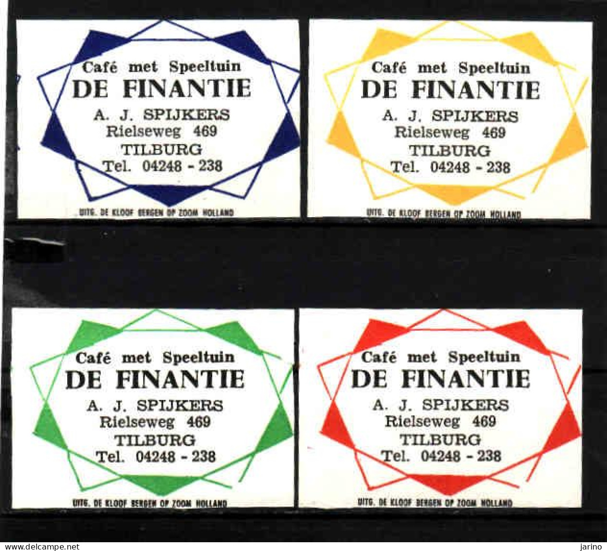 4 Dutch Matchbox Labels, TILBURG - North Brabant, Café Met Speeltuin DE FINANTIE, A. J. Spijkers, Holland, Netherlands - Zündholzschachteletiketten