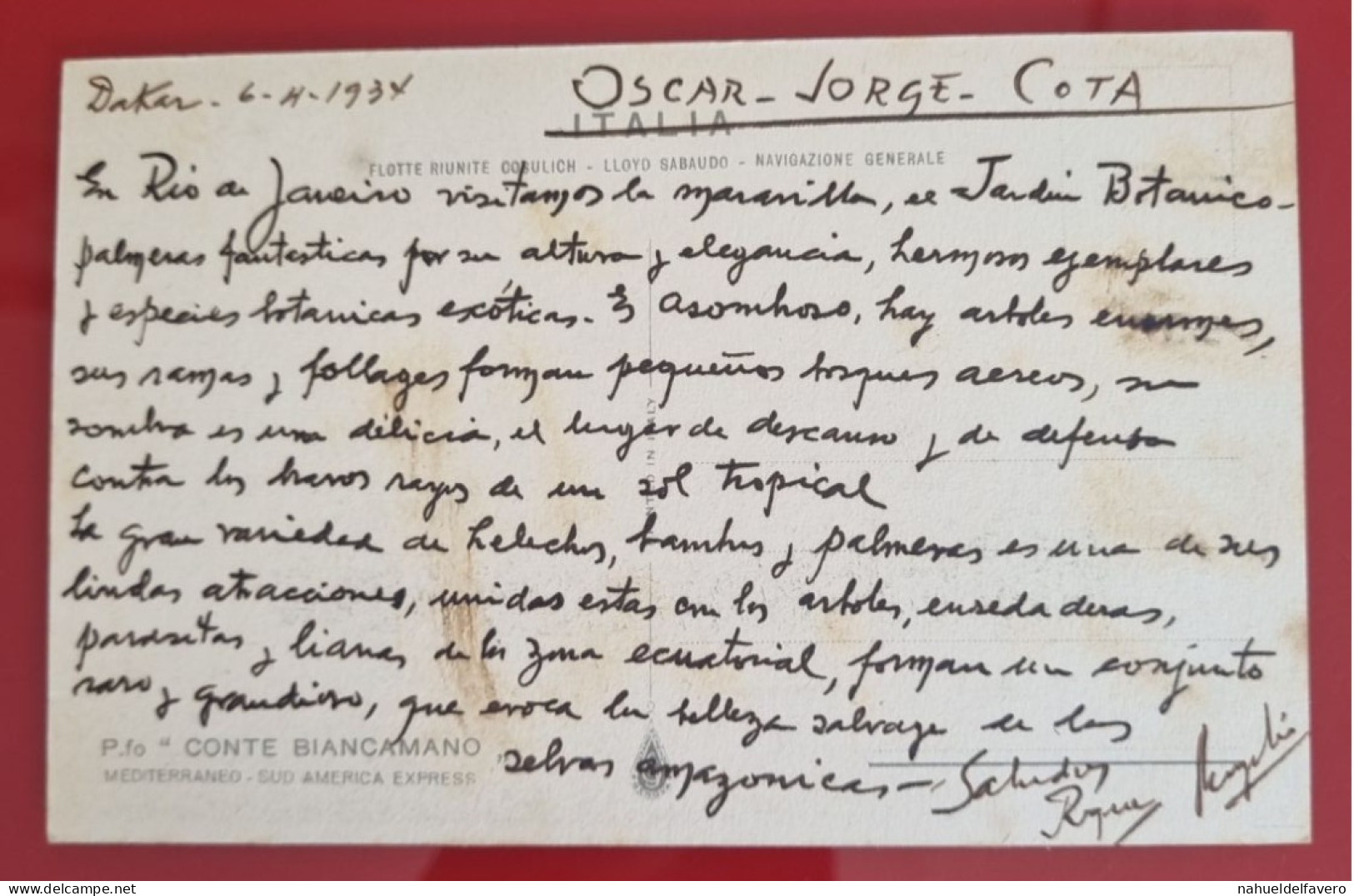 CARTE POSTALE CIRCULÉE À DAKAR, SANS TIMBRE 1934 - P.fo "CONTE BIANCAMANO", Mediterraneo, Sud America Express - Houseboats