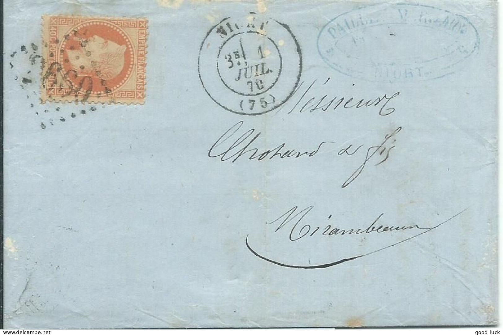 FRANCE LETTRE GC 2660 40c NIORT ( DEUX SEVRES ) POUR MIRAMBEAU ( CHARENTE MARITIME ) DE 1870  LETTRE COVER - 1849-1876: Periodo Classico