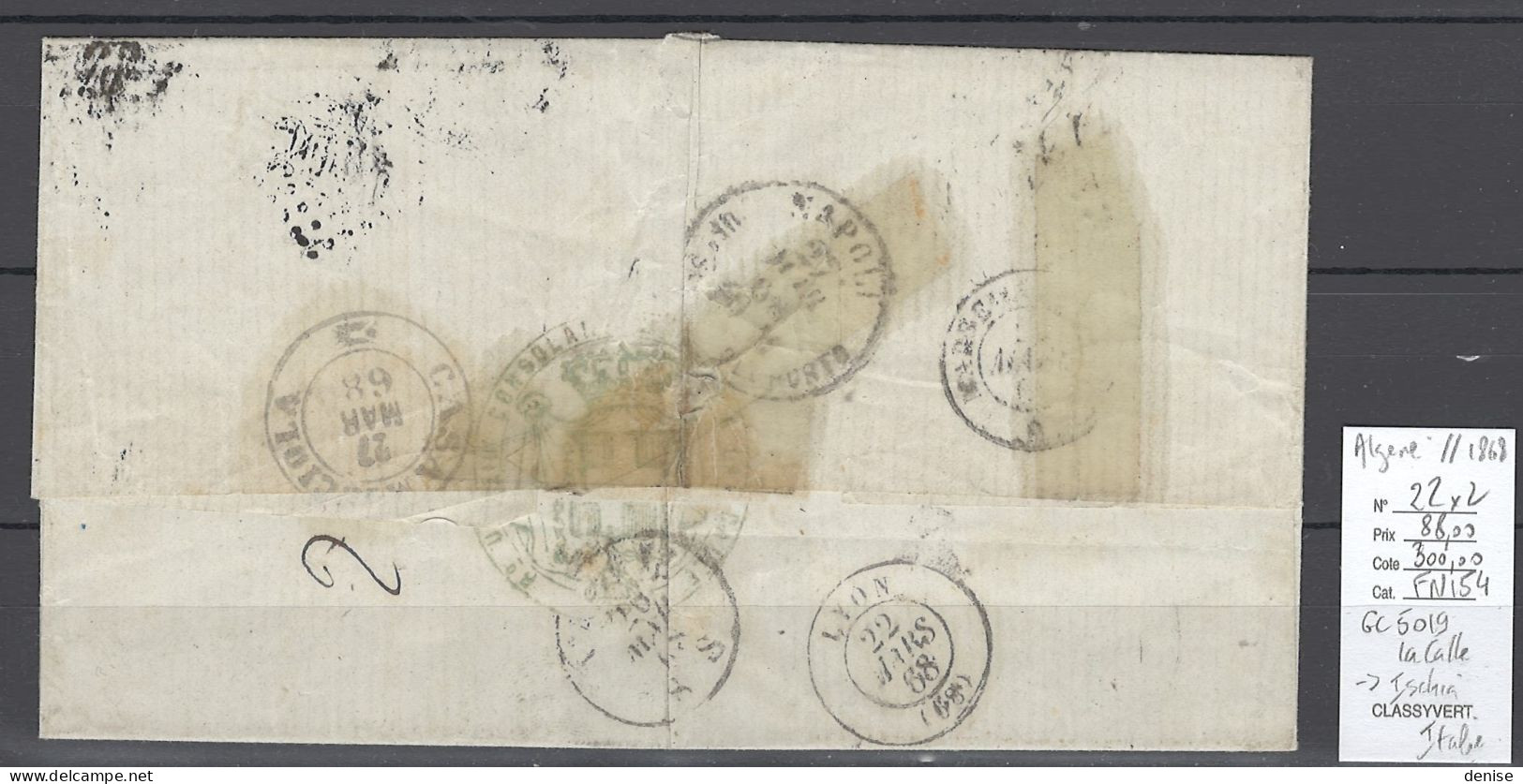 France - Lettre D'Algérie - LA CALLE  - 1868 - GC5019 Pour Ischia En Italie - 1849-1876: Periodo Classico