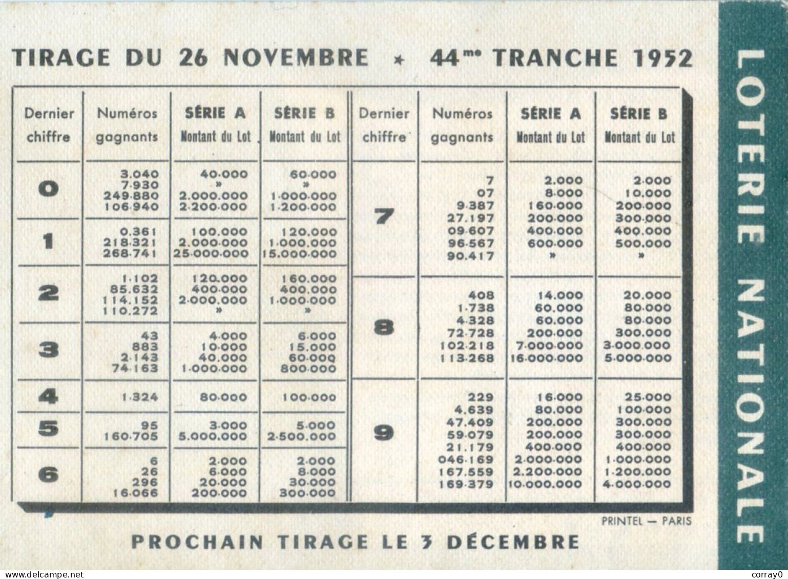 LOTERIE NATIONALE. Calendrier Décembre 1952 - Lotterielose