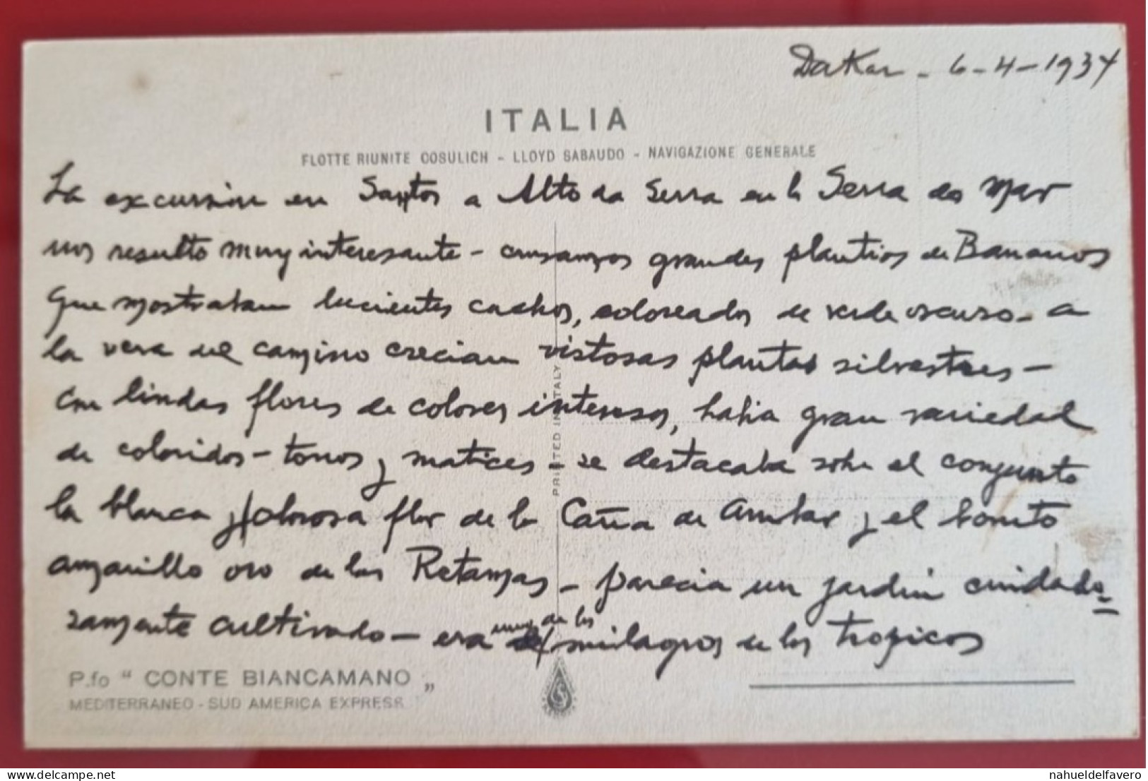 CARTE POSTALE CIRCULÉE À DAKAR, SANS TIMBRE 1934 - P.fo "CONTE BIANCAMANO", Mediterraneo, Sud America Express - Houseboats