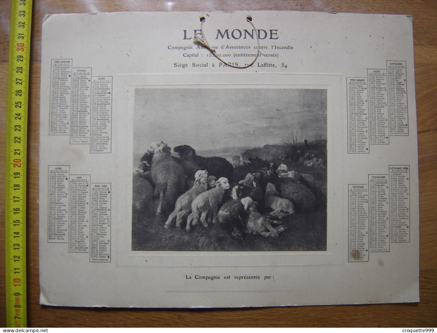 1935 Calendrier LE MONDE Compagnie D'Assurance Contre L'Incendie MOUTONS BREBIS - Tamaño Grande : 1921-40