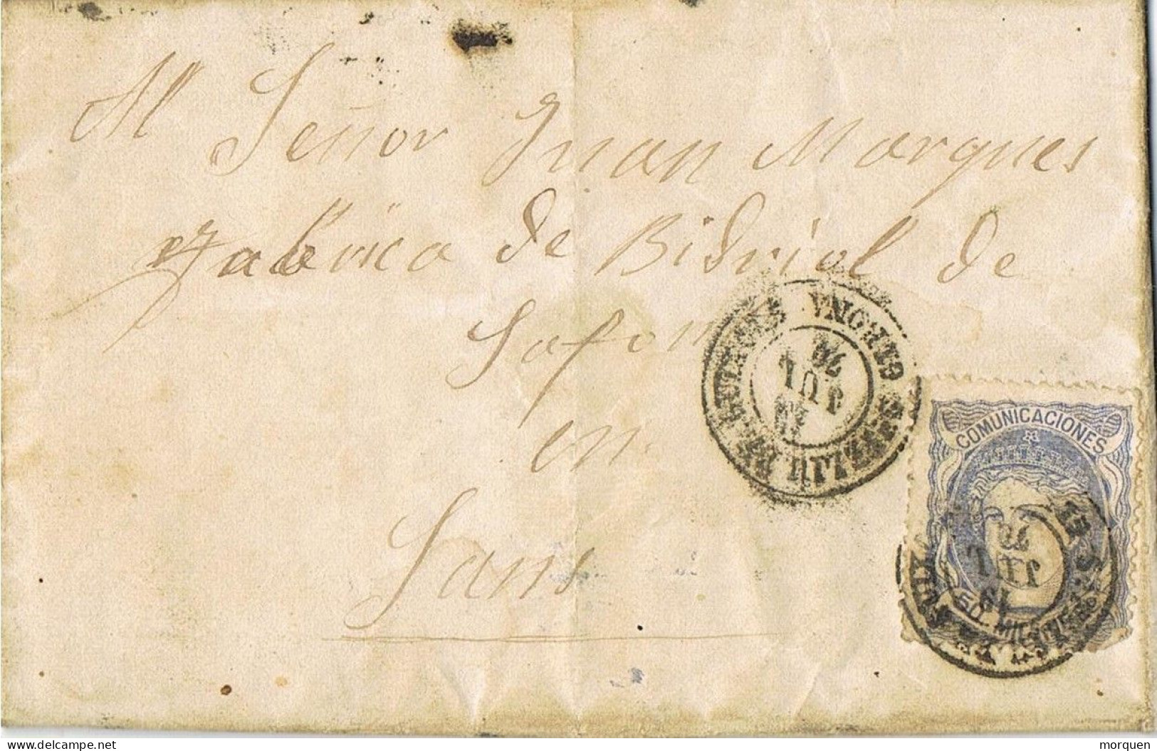 54813. Carta Entera SAN FELIU De GUIXOLS (Gerona) 1870. Alegoria, Circulada A Sans - Briefe U. Dokumente