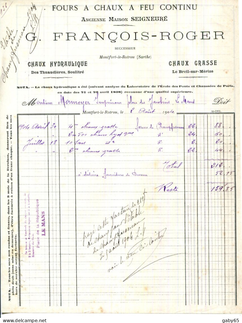 FACTURE.72.MONTFORT LE ROTROU.LE BREIL SUR MÉRIZE.LES THUAUDIÈRES.FOUR A CHAUX A FEU CONTINU.G.FRANÇOIS-ROGER - Autres & Non Classés