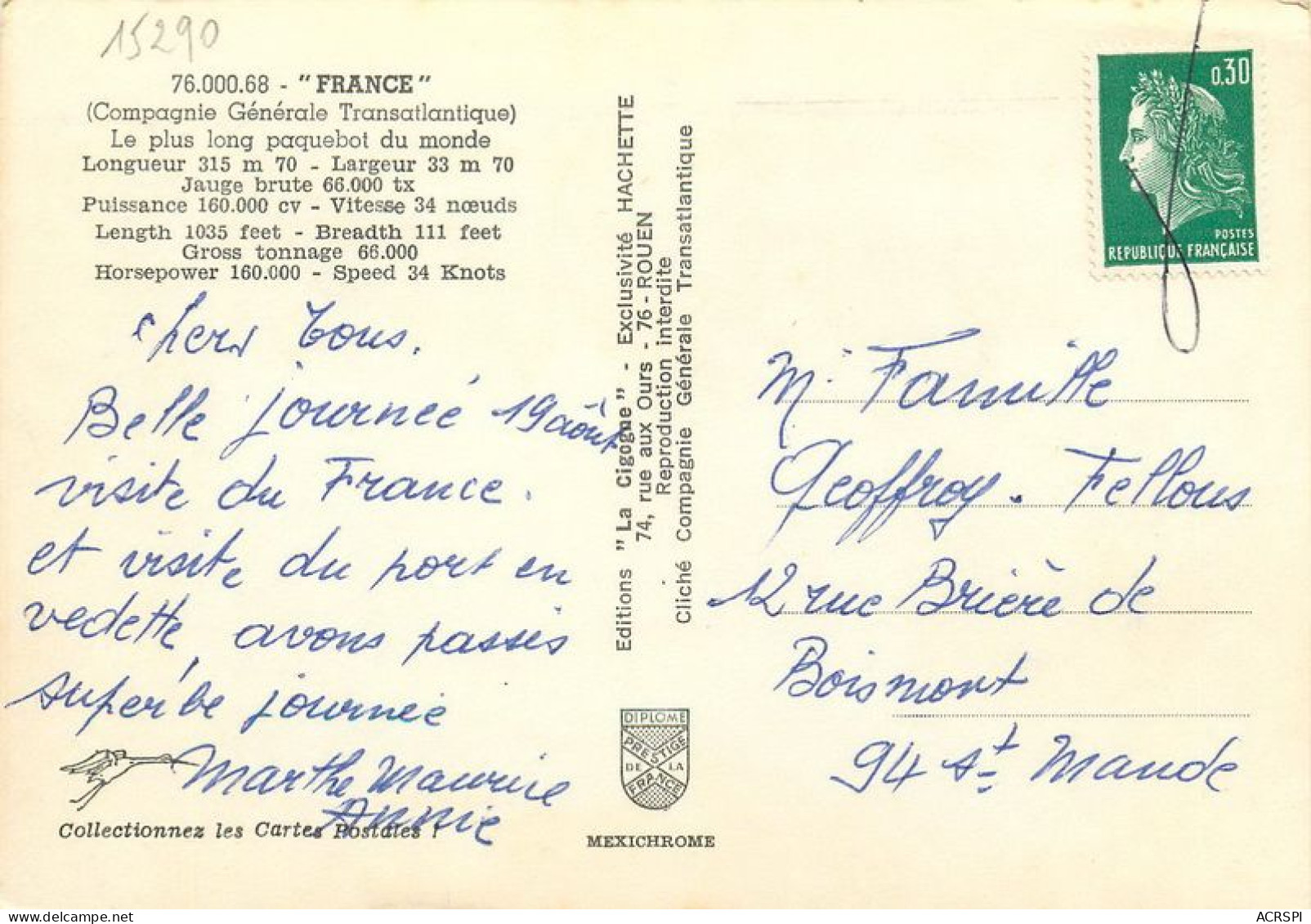 LE HAVRE  Le Paquebot FRANCE C.G.Transatlantique 17   (scan Recto-verso)MA1412Bis - Port