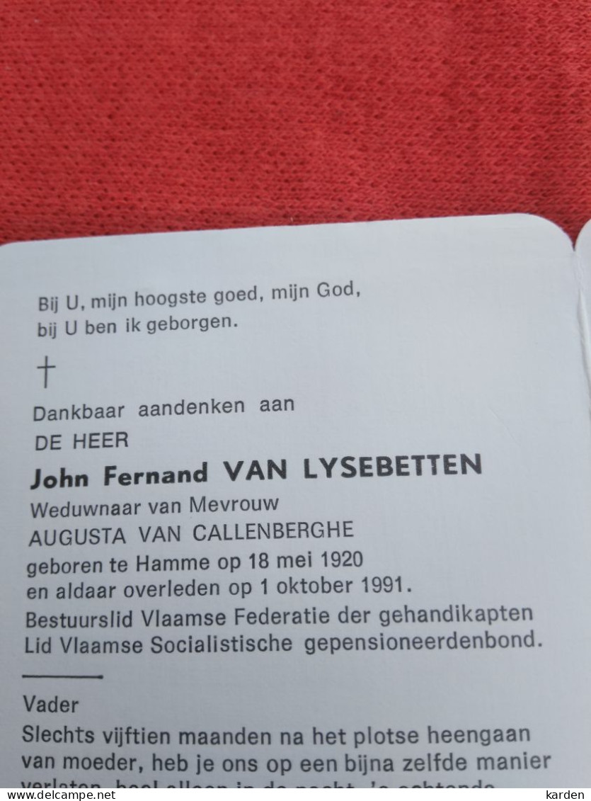 Doodsprentje John Fernand Van Lysebetten / Hamme 18/5/1920 - 1/10/1991 ( Augusta Van Callenberghe ) - Religión & Esoterismo