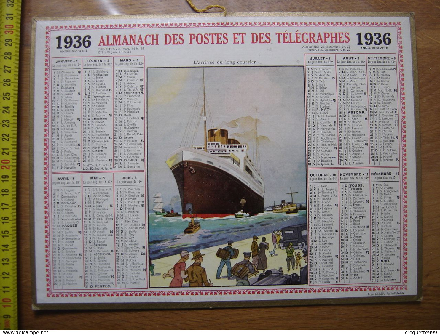 1936 Calendrier Almanach LA POSTE Cote D'Or L'ARRIVEE DU LONG COURRIER Bateau - Formato Grande : 1921-40