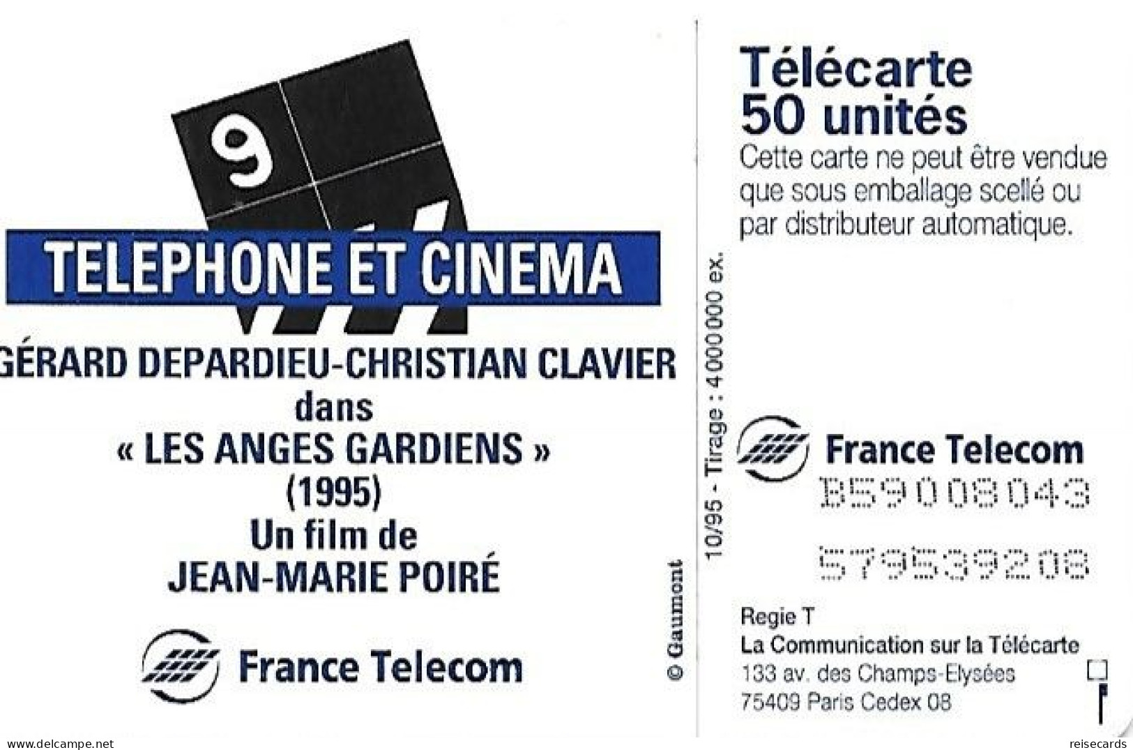 France: France Telecom 10/95 F595A Téléphone Et Cinema. Gérard Depardieu - 1995