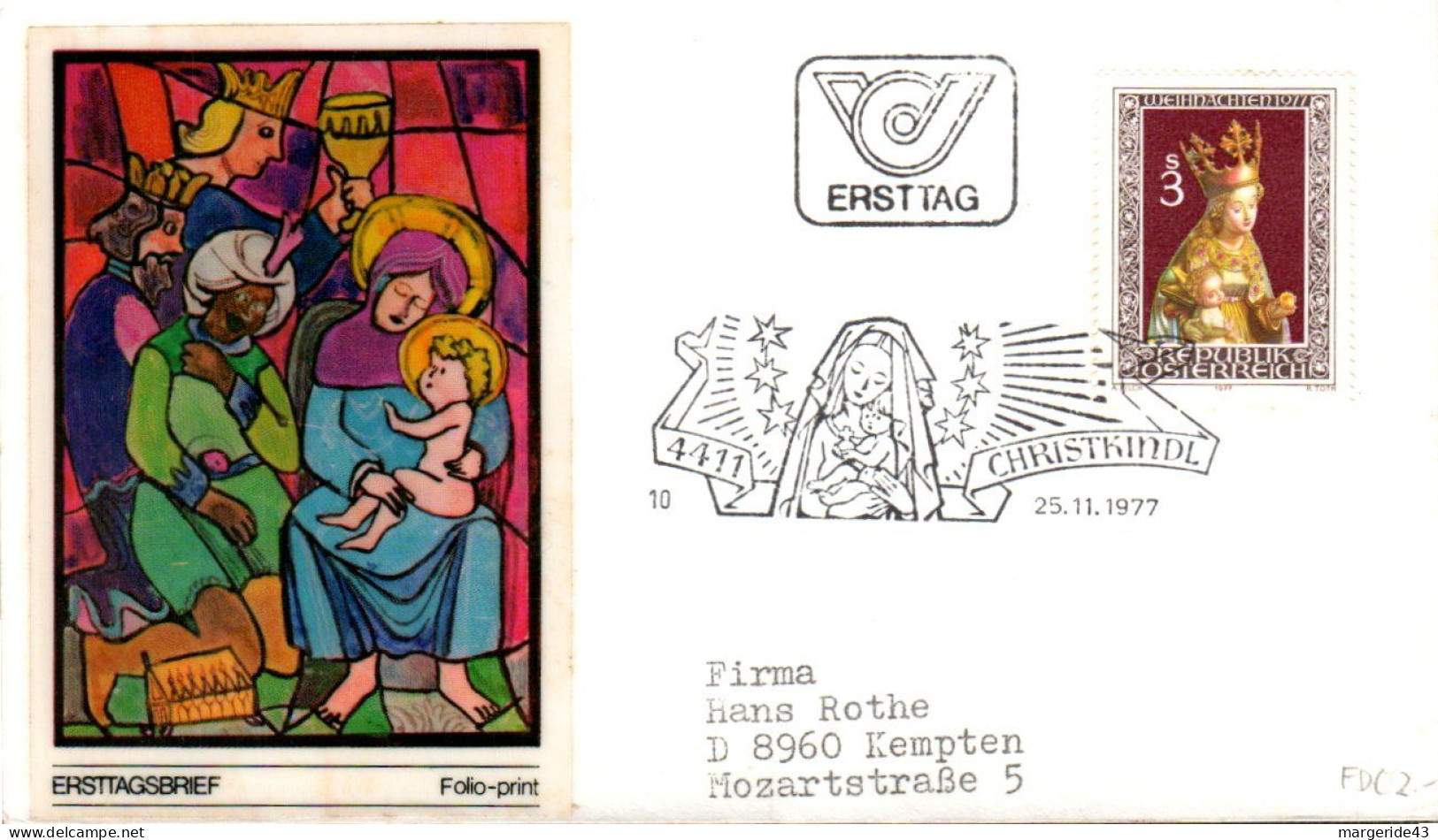 AUTRICHE LETTRE FDC DE CHRISTKINDL 1977 - FDC