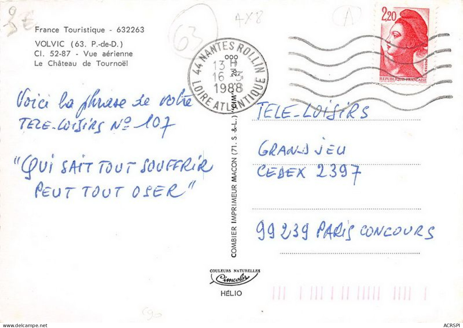 VOLVIC Vue Aerienne Le Chateau De Tournoel 11(scan Recto-verso) MA1483 - Volvic