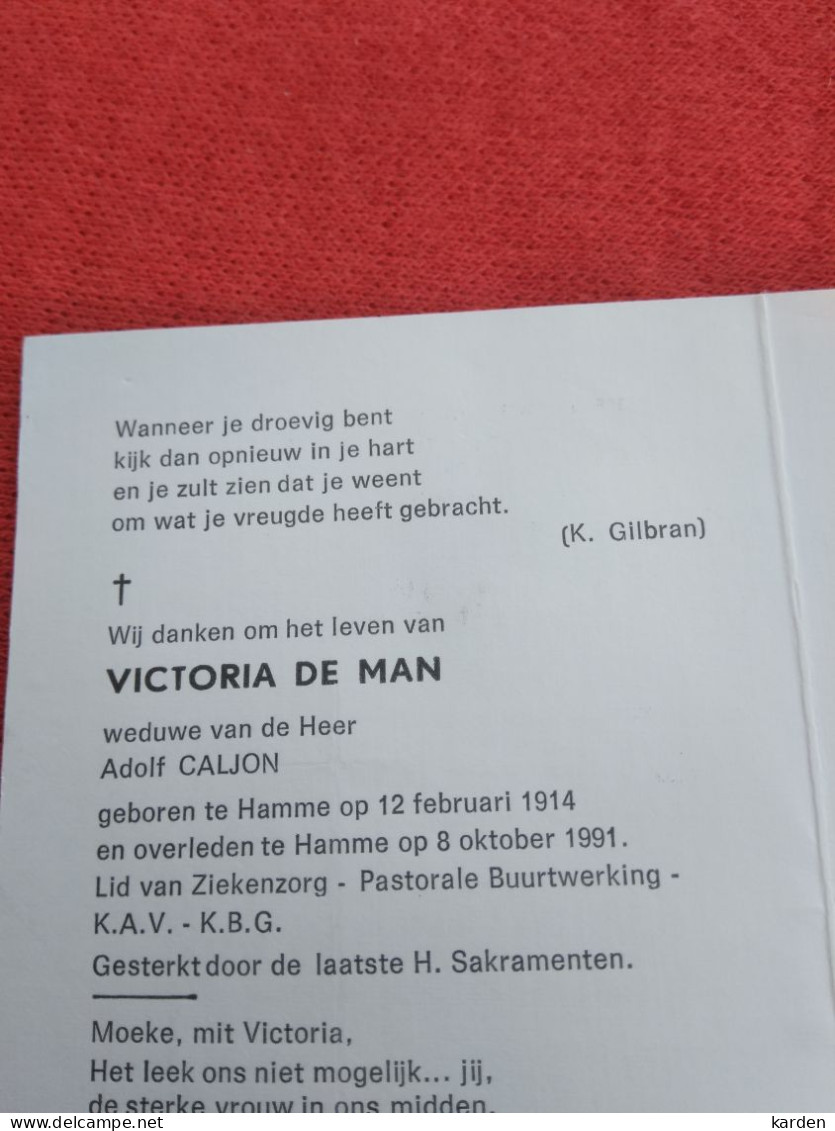 Doodsprentje Victoria De Man / Hamme 12/2/1914 - 8/10/1991 ( Adolf Caljon ) - Godsdienst & Esoterisme