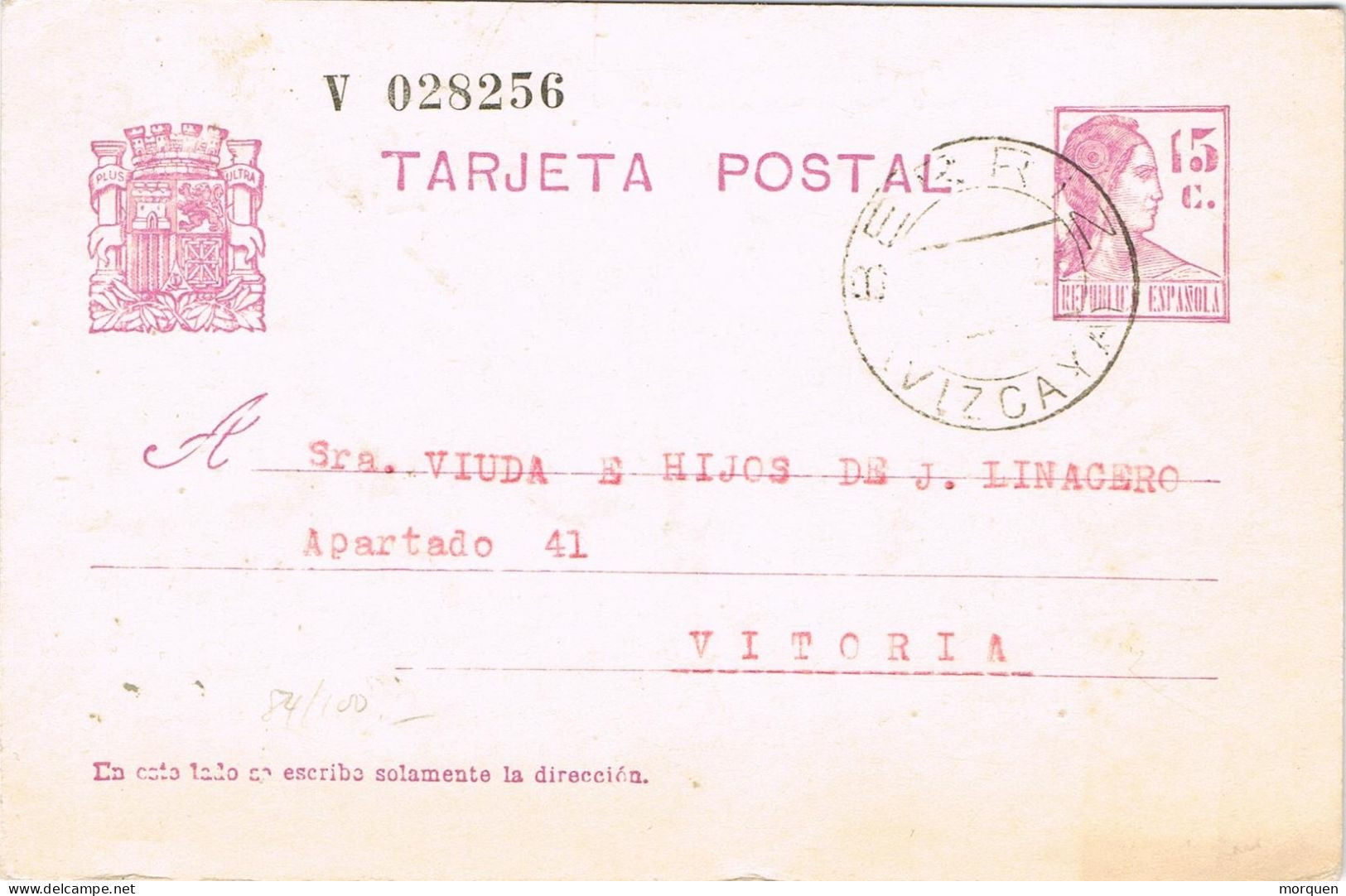 54814. Entero Postal BERRIZ (Vizcaya) 1935. Republica - 1931-....