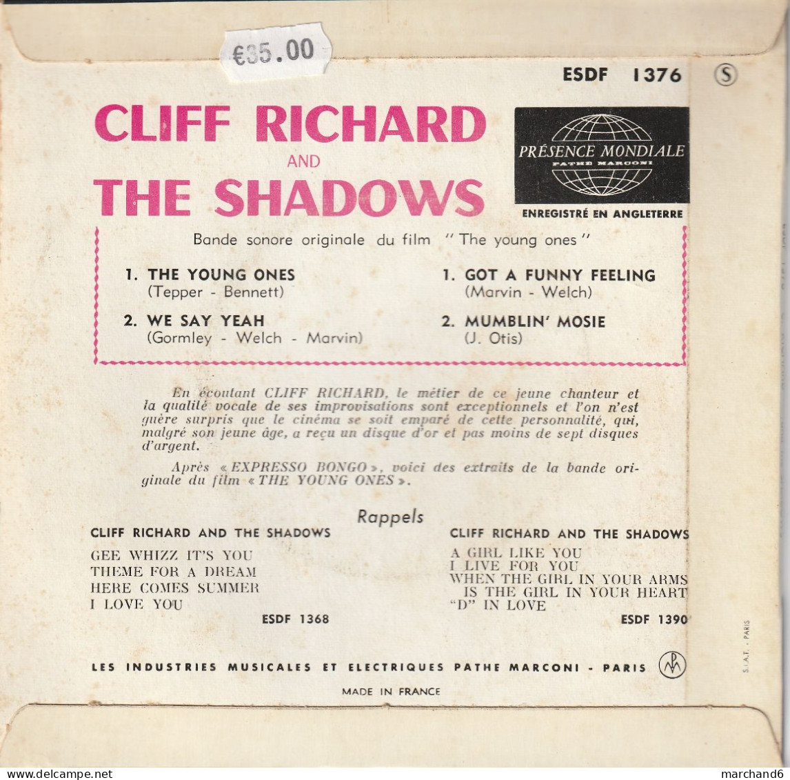 Cliff Richard And The Shadows Columbia Esdf 1376 The Young Ones/we Say Yeah/got A Funny Feeling/mumblin Mosie - Altri - Inglese