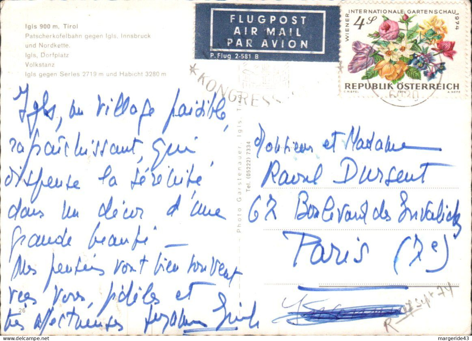AUTRICHE SEUL SUR CARTE POUR LA FRANCE 1974 - Cartas & Documentos