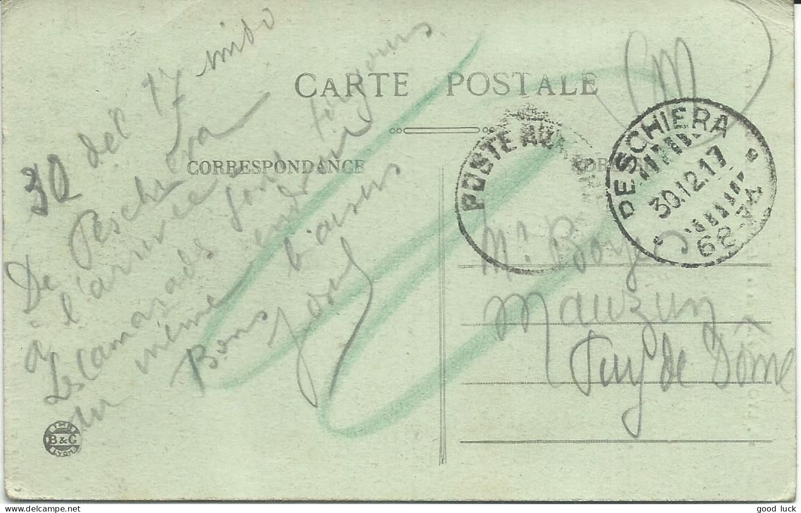 FRANCE CARTE FM PESCHIERA ( ITALIE ) POUR MAUZUN ( PUY DE DOME ) DE 1917  LETTRE COVER - Guerra Del 1914-18