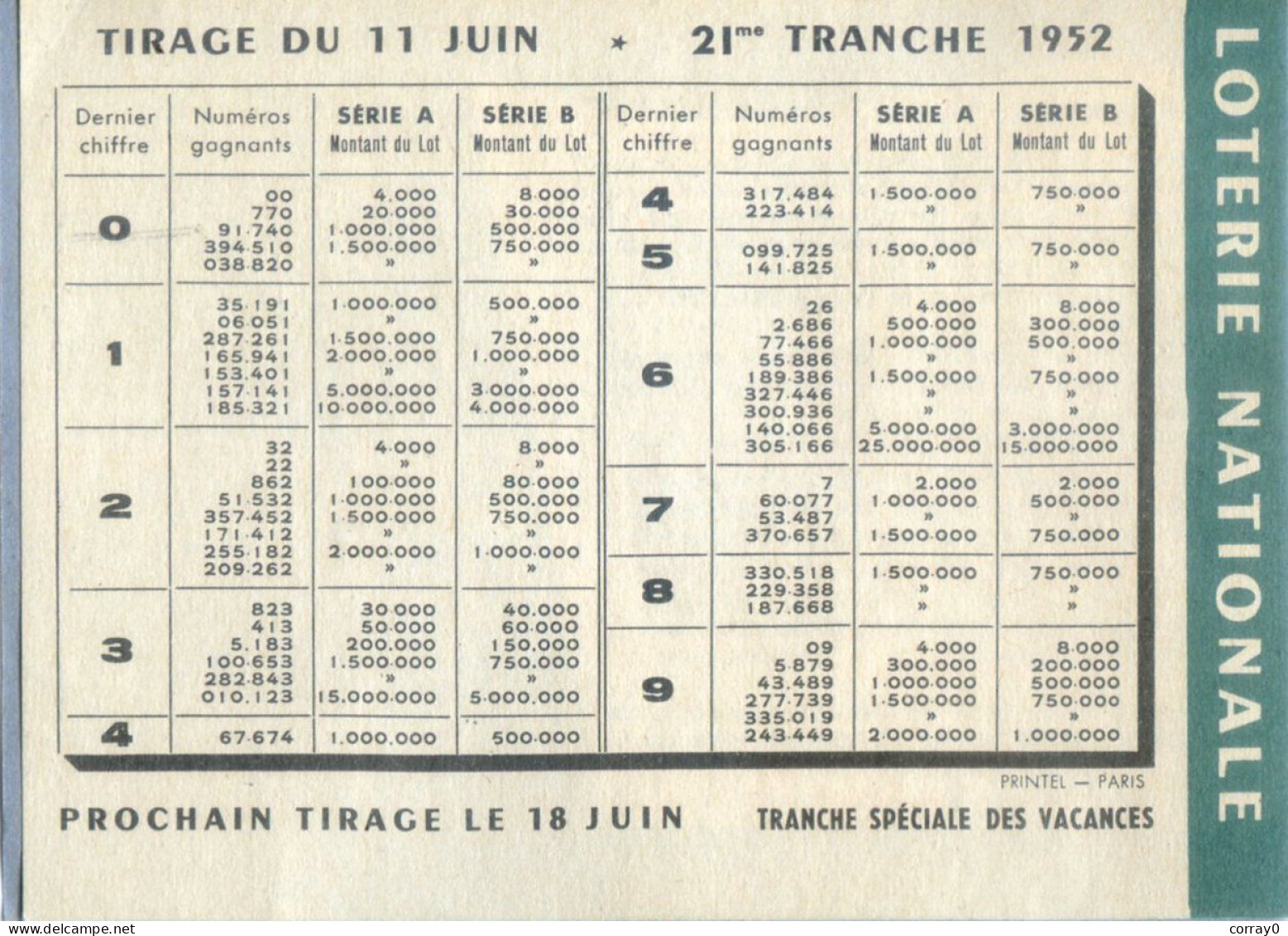 LOTERIE NATIONALE. Calendrier Juin 1952 - Lotterielose