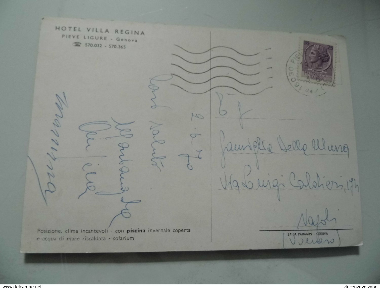 Cartolina Viaggiata "HOTEL VILLA REGINA - PIEVE LIGURE" 1970 - Hoteles & Restaurantes