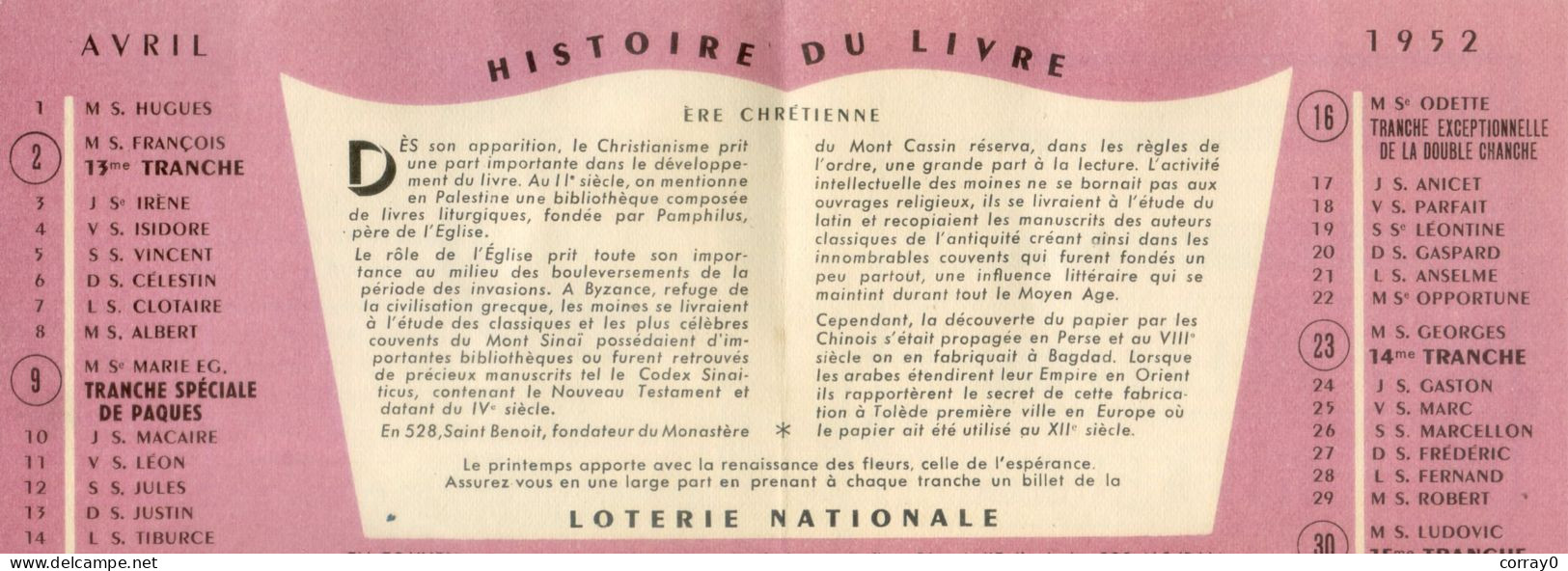 LOTERIE NATIONALE. Calendrier Avril 1952 - Lottery Tickets