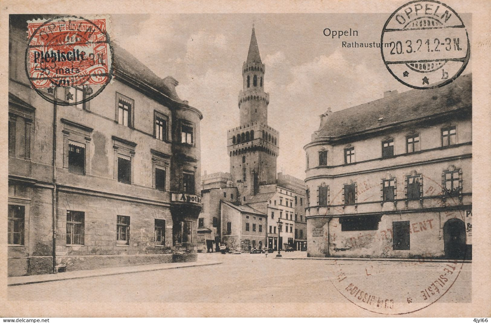 CPA OPPELN SILESIA - Opole Silesie - Rathausturm - Cachet Spécial PLÉBISCITE + Obl. 20 Mars 1921 Sur N° 48 YT RARE ! - Occupazioni