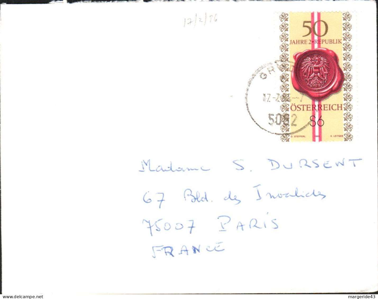 AUTRICHE SEUL SUR LETTRE POUR LA FRANCE 1995 - Briefe U. Dokumente