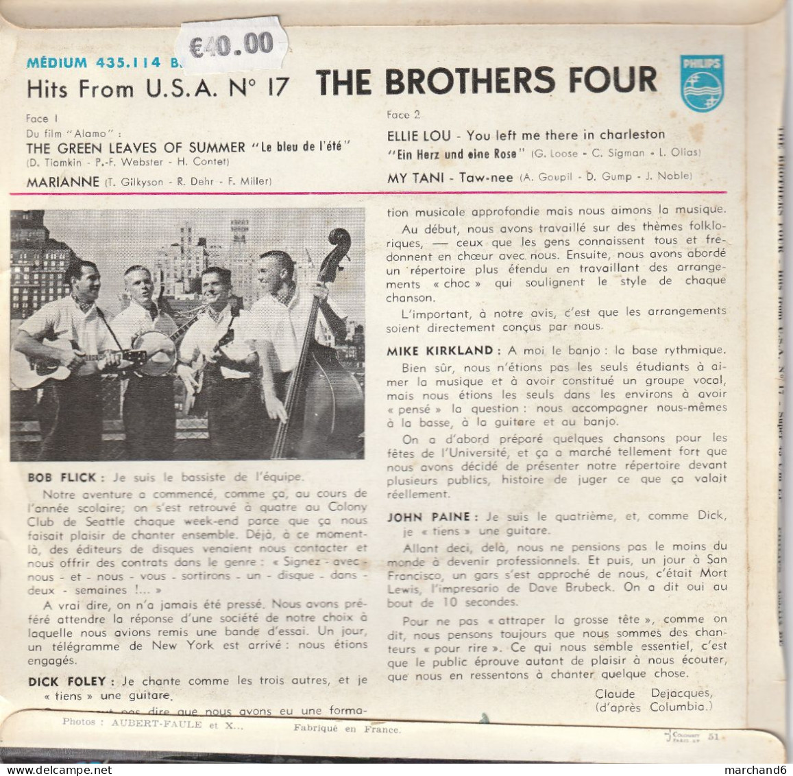 The Brothers Four Philips 435 114 Du Film Alamo The Green Leaves Of Summer/marianne/ellie Lou/my Tani - Andere - Engelstalig