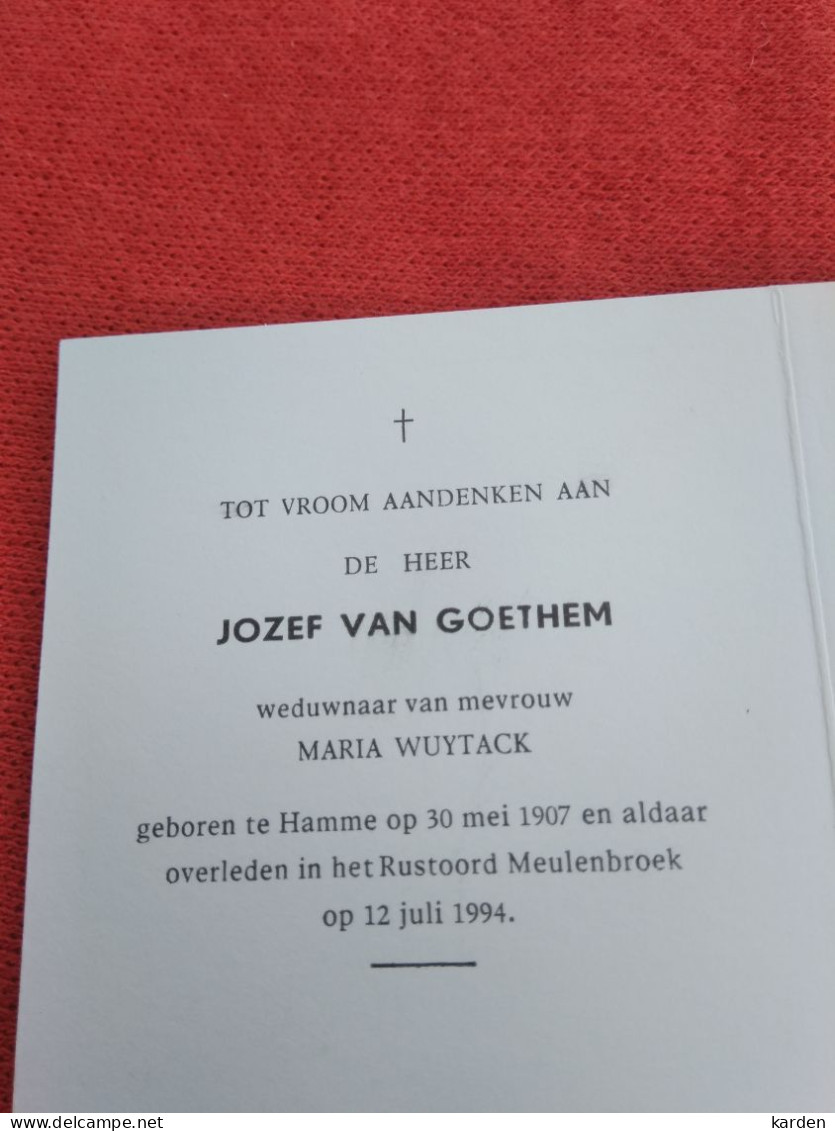 Doodsprentje Jozef Van Goethem / Hamme 30/5/1907 - 12/7/1994 ( Maria Wuytack ) - Religion &  Esoterik