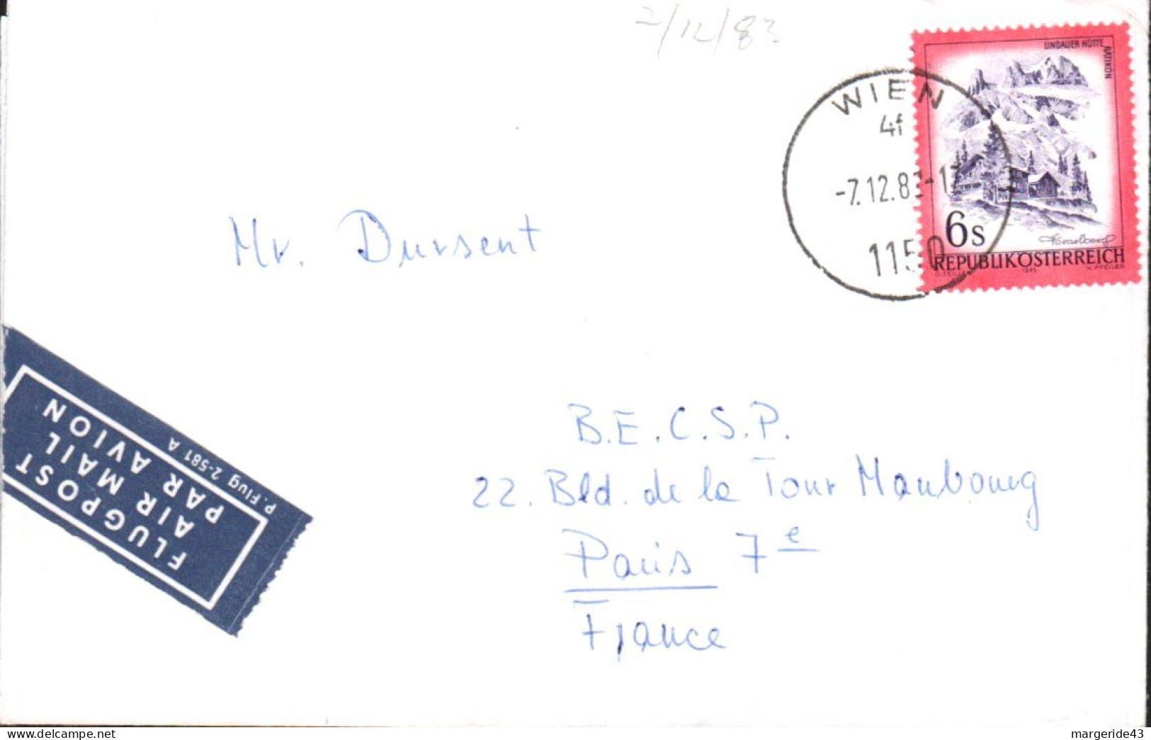 AUTRICHE SEUL SUR LETTRE AVION POUR LA FRANCE 1983 - Brieven En Documenten