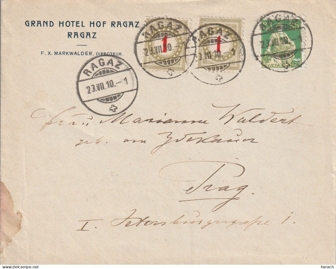 Suisse Lettre Taxée Ragaz Pour La Tchécoslovaquie 1910 - Postmark Collection
