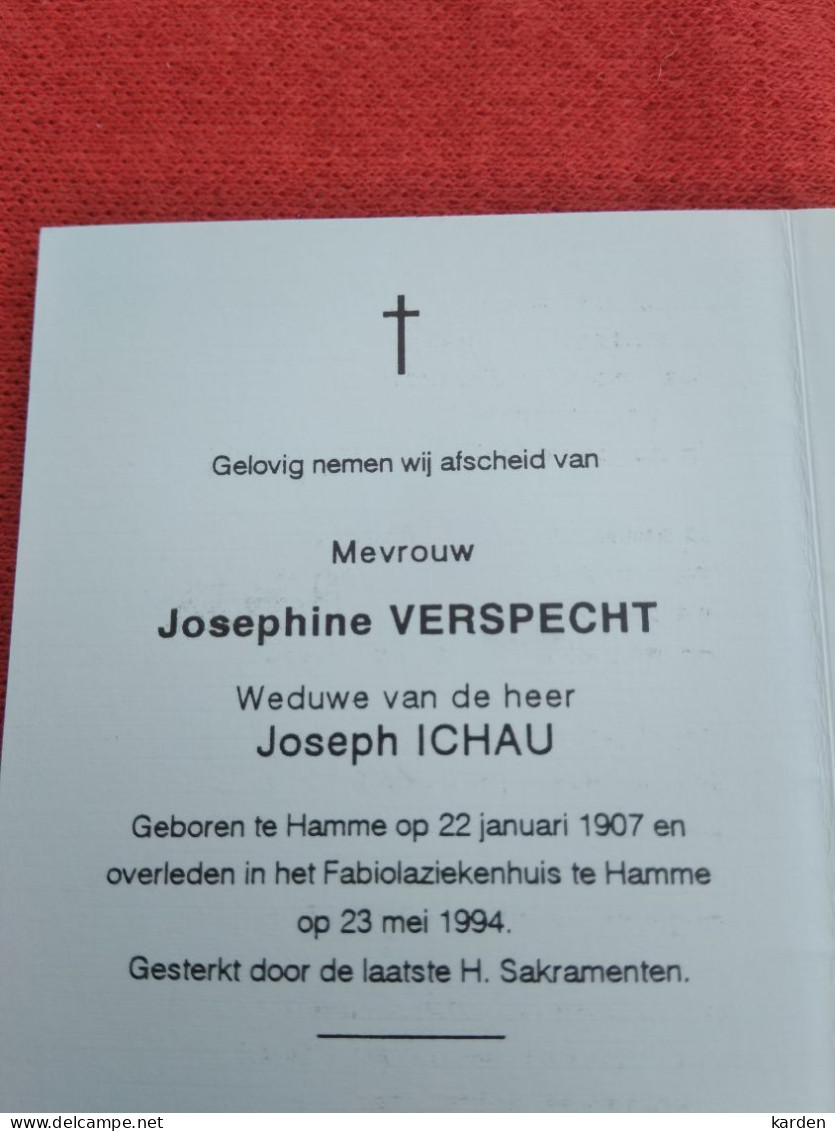 Doodsprentje Josephine Verspecht / Hamme 22/1/1907 - 23/5/1994 ( Joseph Ichau ) - Religión & Esoterismo