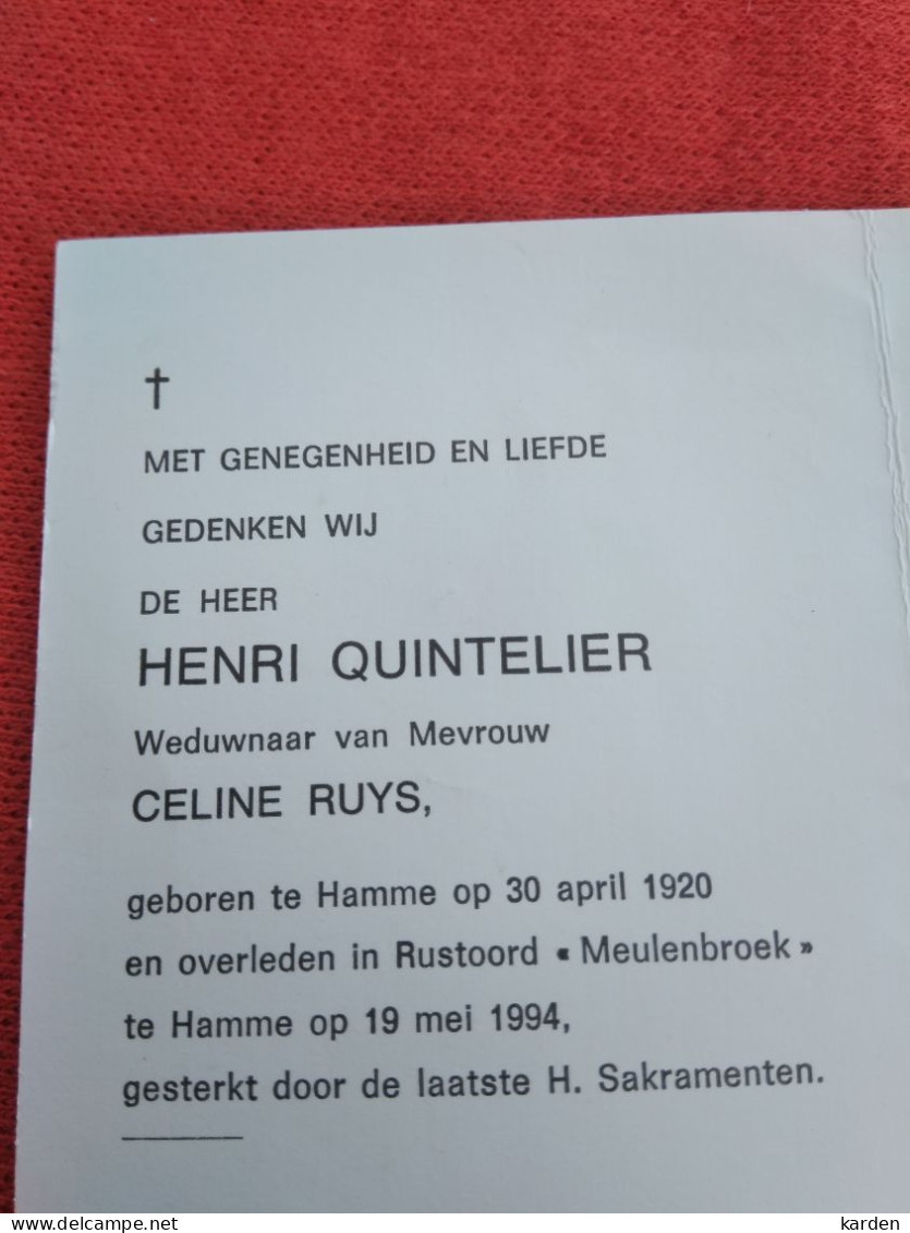 Doodsprentje Henri Quintelier / Hamme 30/4/1920 - 19/5/1994 ( Celine Ruys ) - Religion &  Esoterik