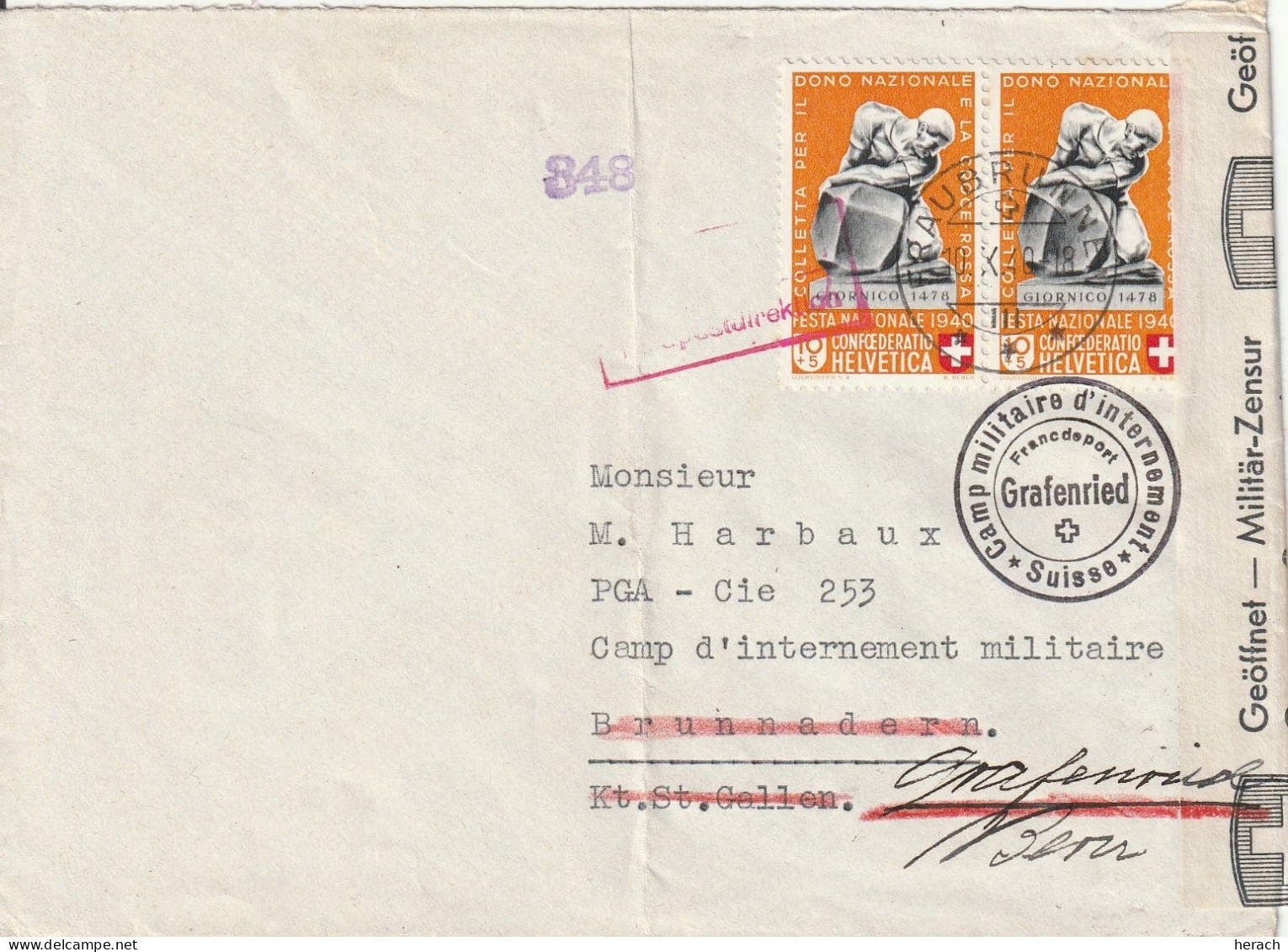 Suisse Lettre Censurée Fraubrunnen Pour Le Camp Internement Grafenried 1940 - Marcofilie