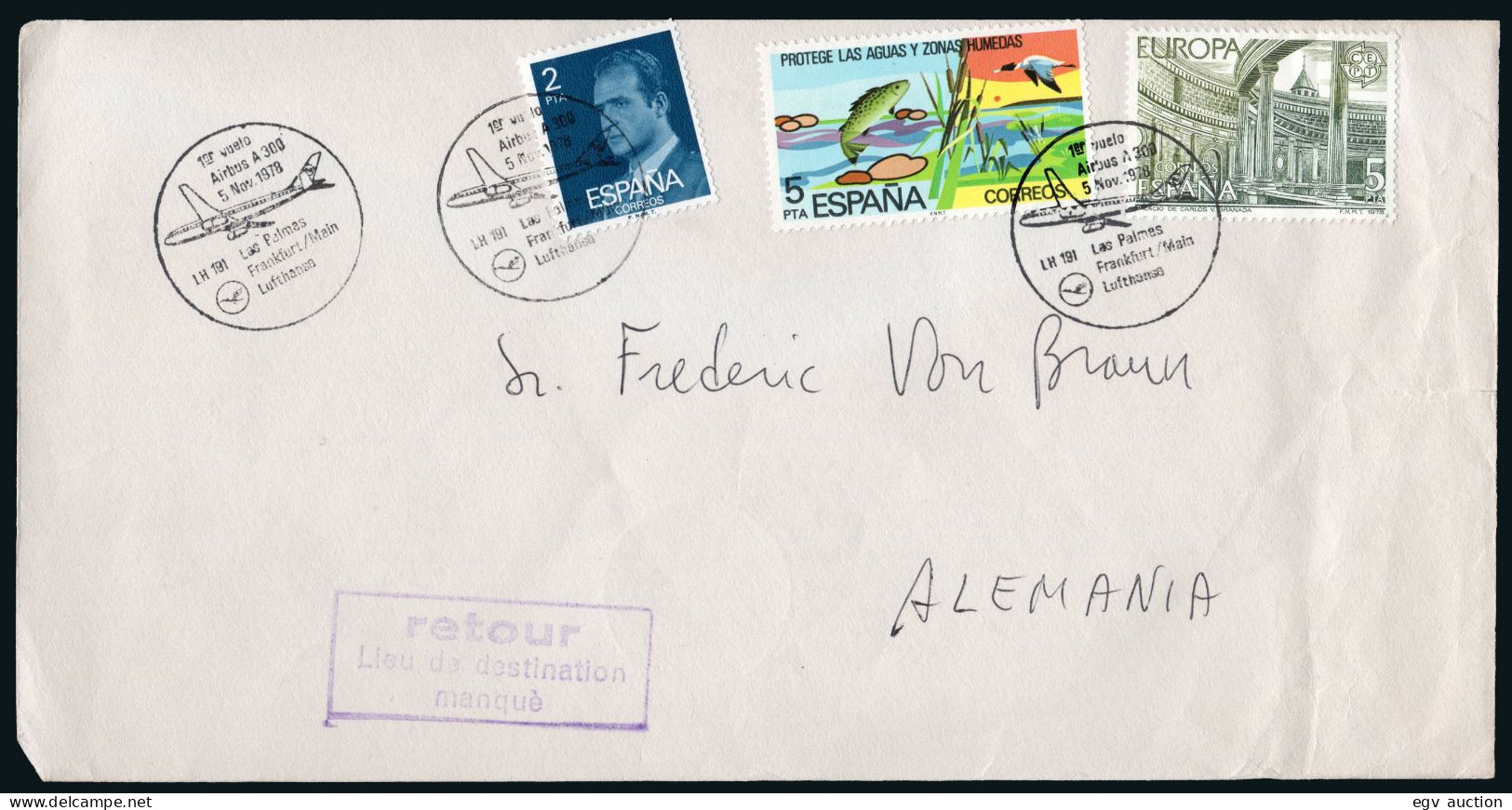 Canarias - Edi O 2470+2474+.. - Mat "1º Vuelo Airbus A300 05/11/78 - Las Palmas/Frankfurt" + Marca "Retour..." - Lettres & Documents