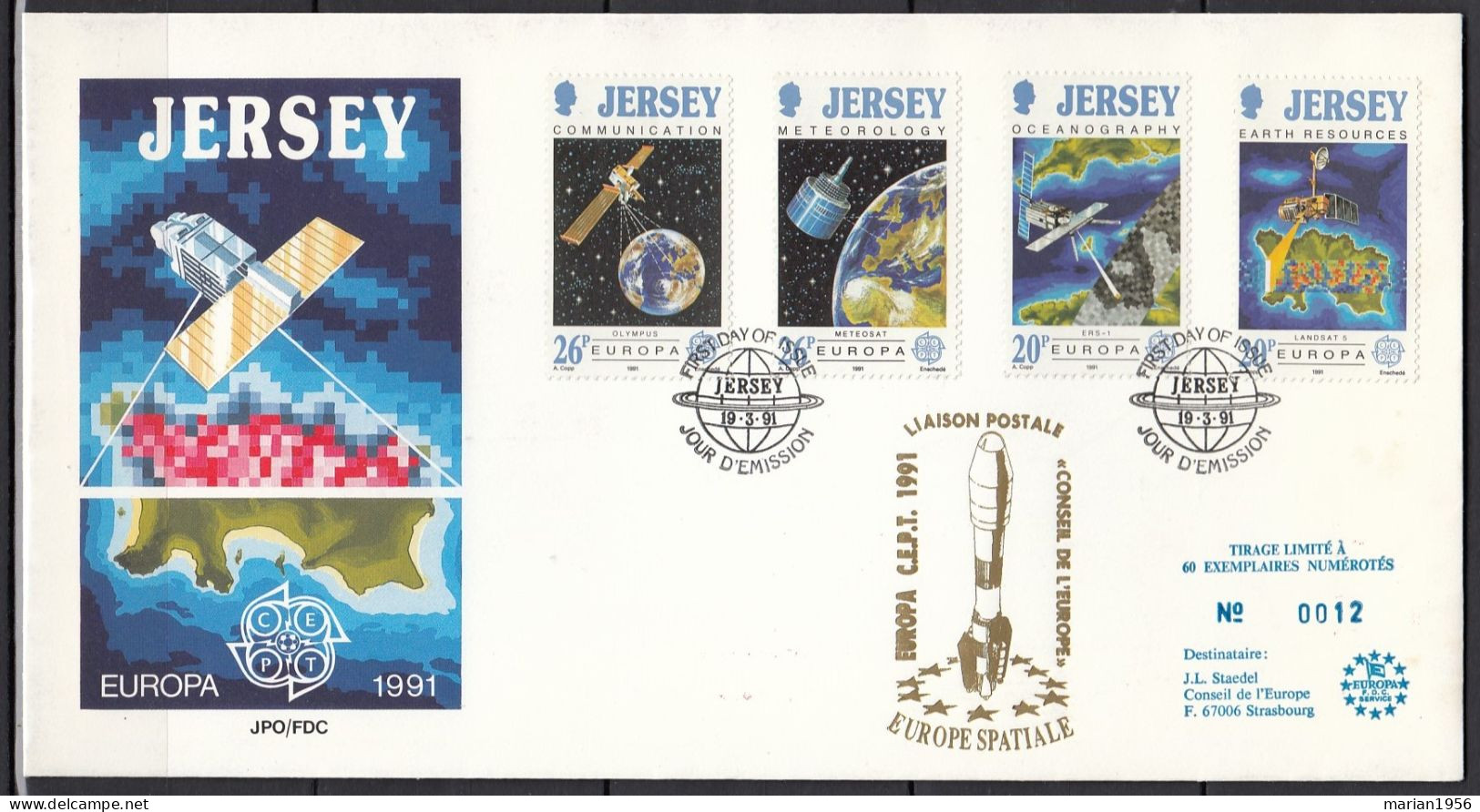 Jersey1991 - FDC Special - EUROPA CEPT - Europe Spatiale - Tirage Limite A 60 Ex.numerotes - 1991