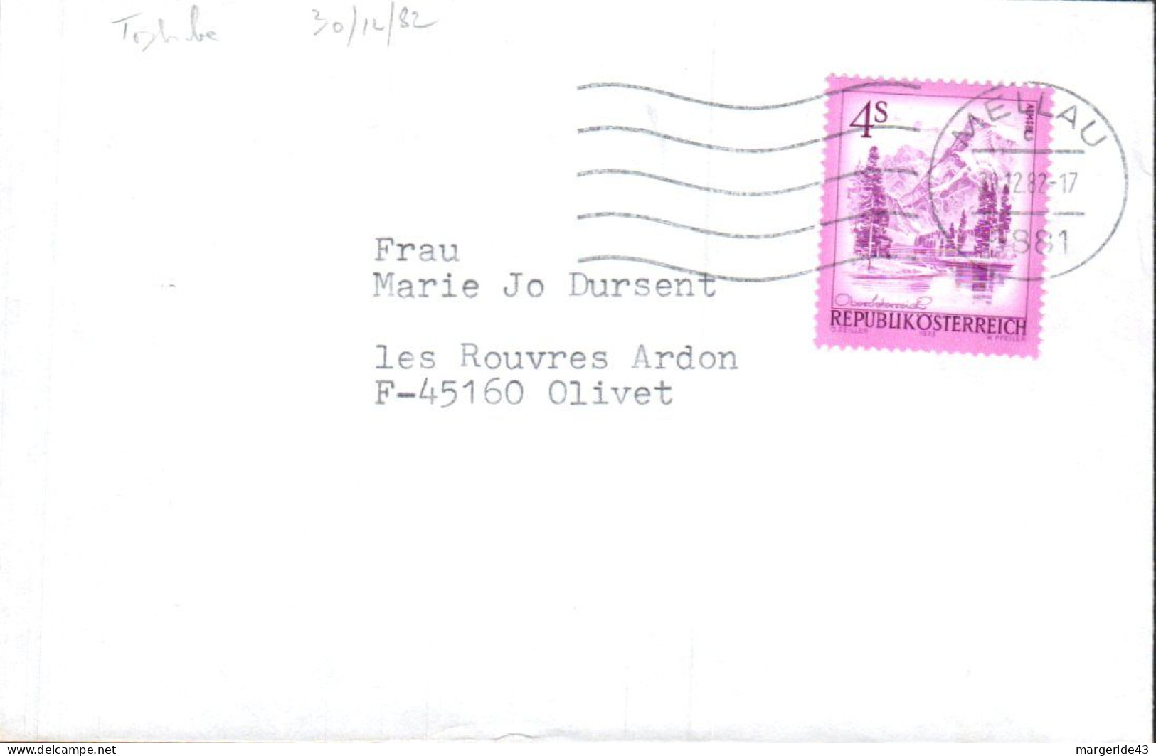 AUTRICHE SEUL SUR LETTRE POUR LA FRANCE 1982 - Brieven En Documenten