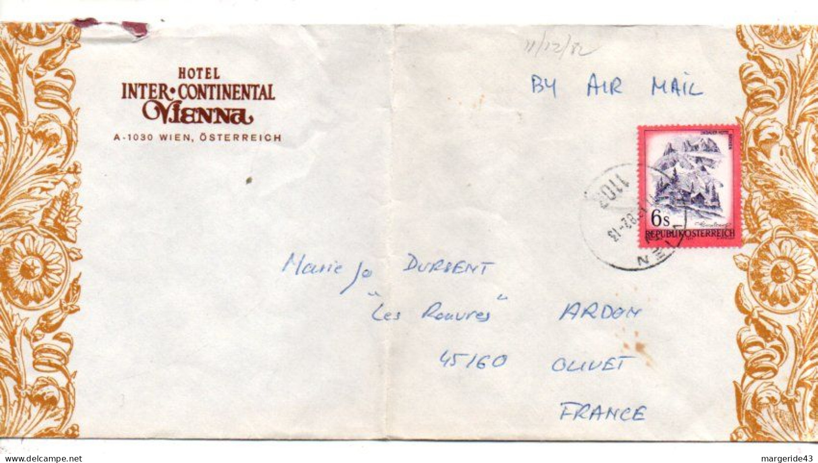 AUTRICHE SEUL SUR LETTRE A EN TETE D'HOTEL POUR LA FRANCE 1982 - Covers & Documents