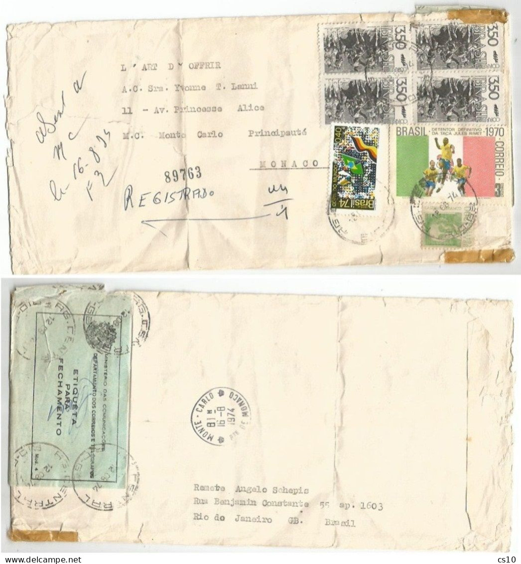 Brazil Reg CV Rio 12aug1974 X Monaco Nicely Franked With 7 Stamps + Signing Label Etiqueta Fechamento - Lettres & Documents