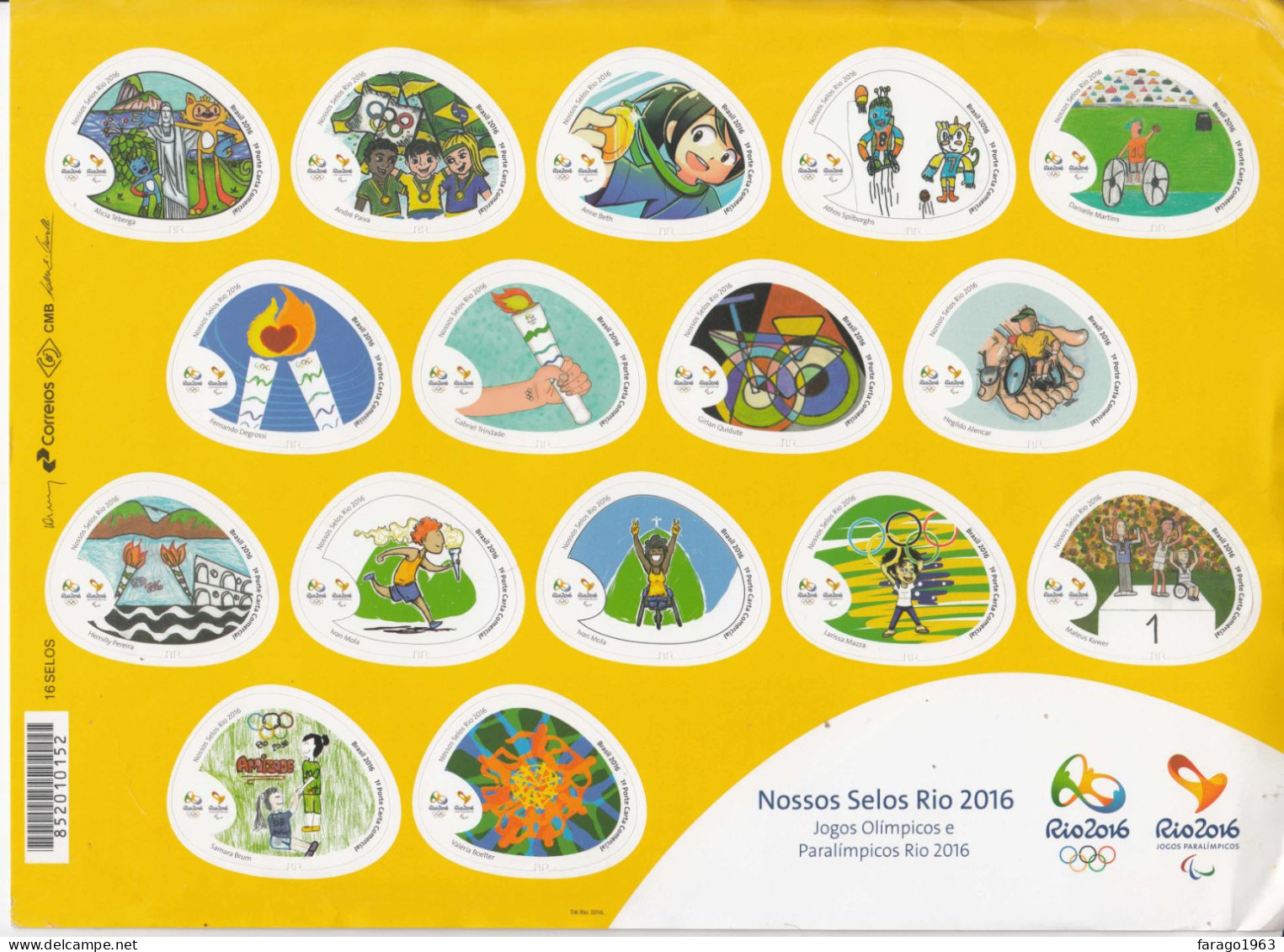 2016 Brazil Brasil Olympic & Paralympic Games - Rio De Janeiro Self Adhesive Sheet Of 16 * NOTE Some Bangs To Edges** - Ongebruikt
