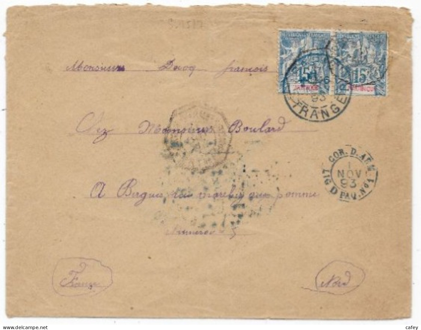 POSTE MARITIME Lettre Militaire De MARTINIQUE 1893 Timbres Type Groupe 15cx2 Càd COR.D.ARM / LIG D PAQ.N°1 RARE - Posta Marittima