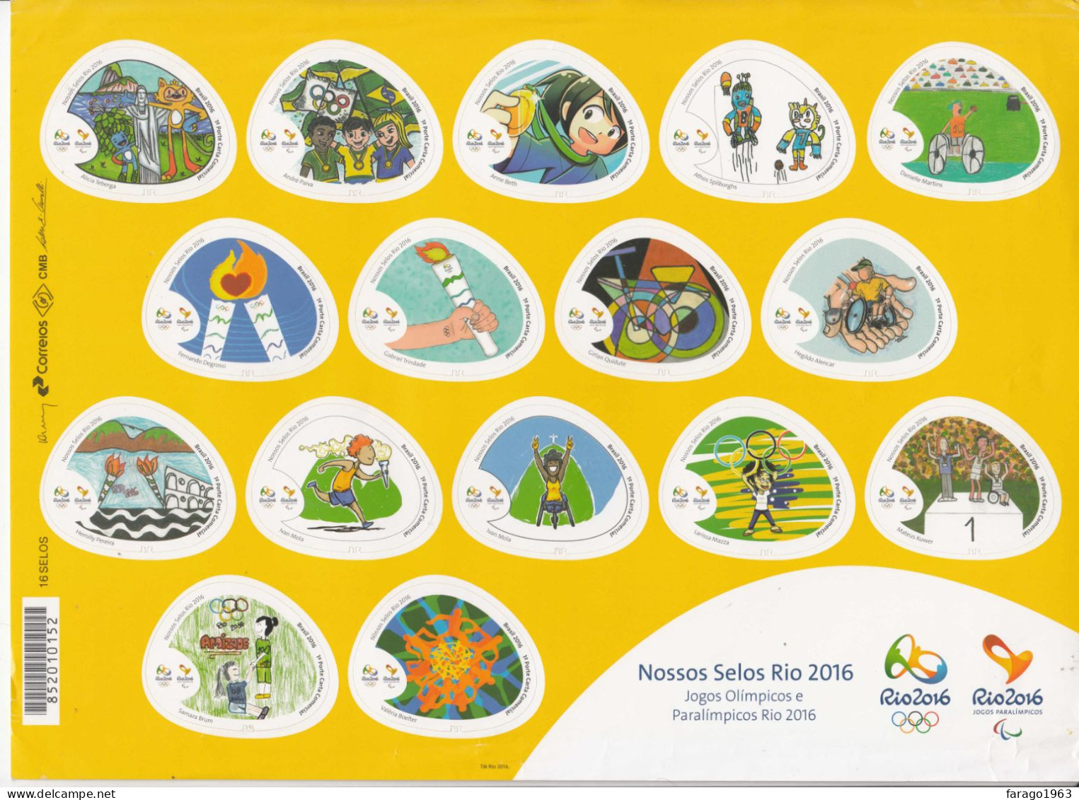 2016 Brazil Brasil Olympic & Paralympic Games - Rio De Janeiro Self Adhesive Sheet Of 16 * NOTE Some Bangs To Edges** - Ongebruikt