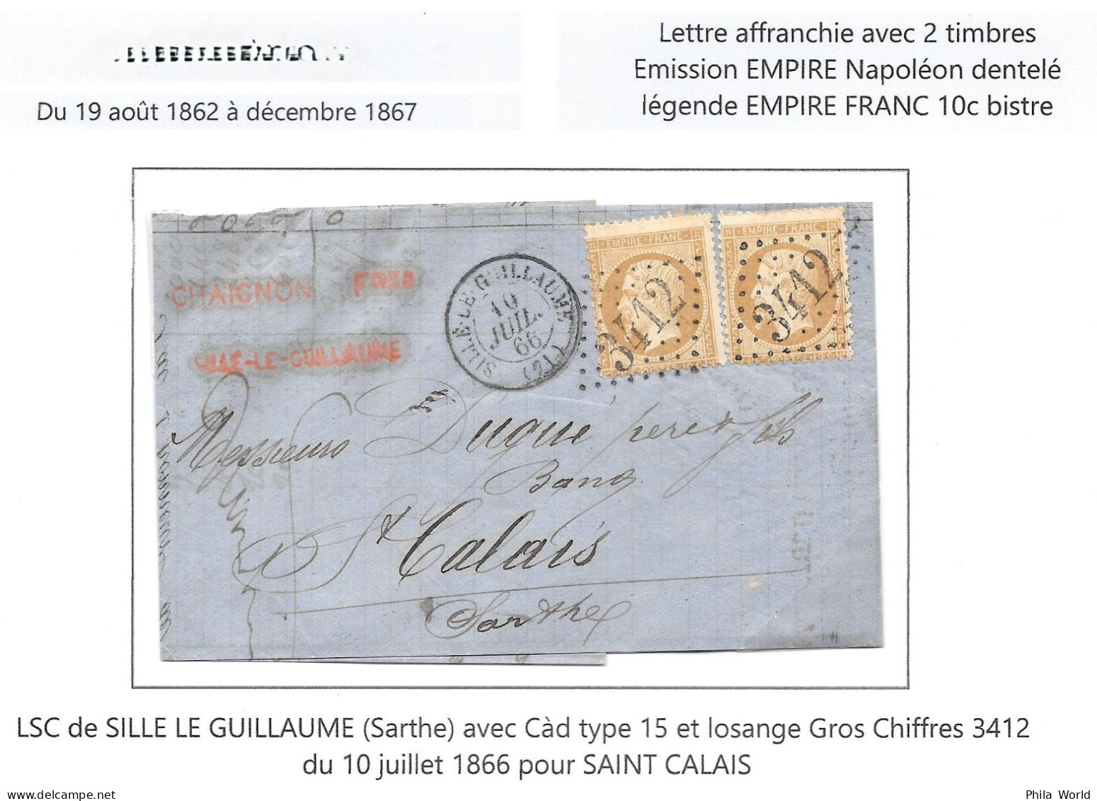 LSC 1866 Sille Le Guillaume SARTHE Tàd T15 GC 3412 Empire NAPOLEON 2 X 10 C Bistre Pour SAINT CALAIS - 1849-1876: Periodo Classico