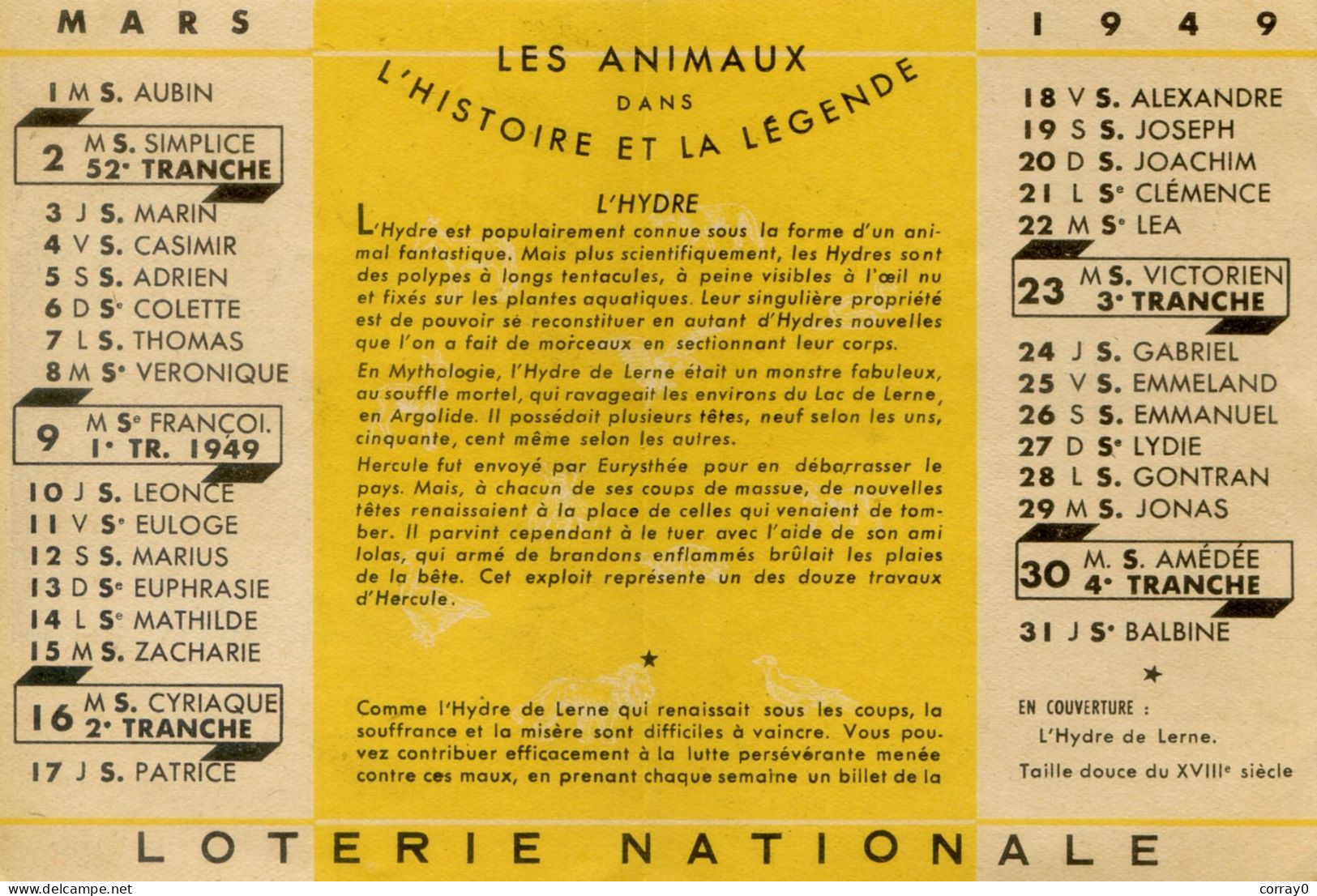LOTERIE NATIONALE. Calendrier Mars 1949 - Loterijbiljetten