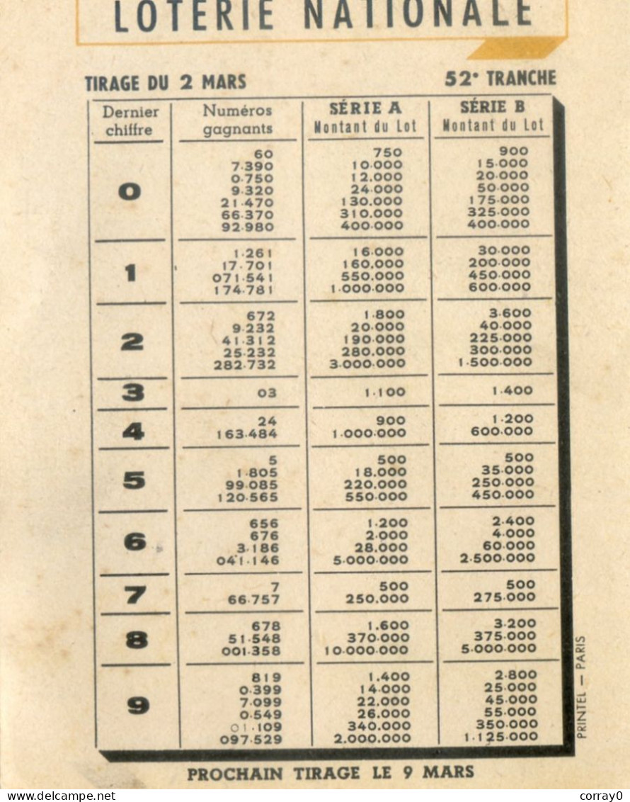 LOTERIE NATIONALE. Calendrier Mars 1949 - Biglietti Della Lotteria