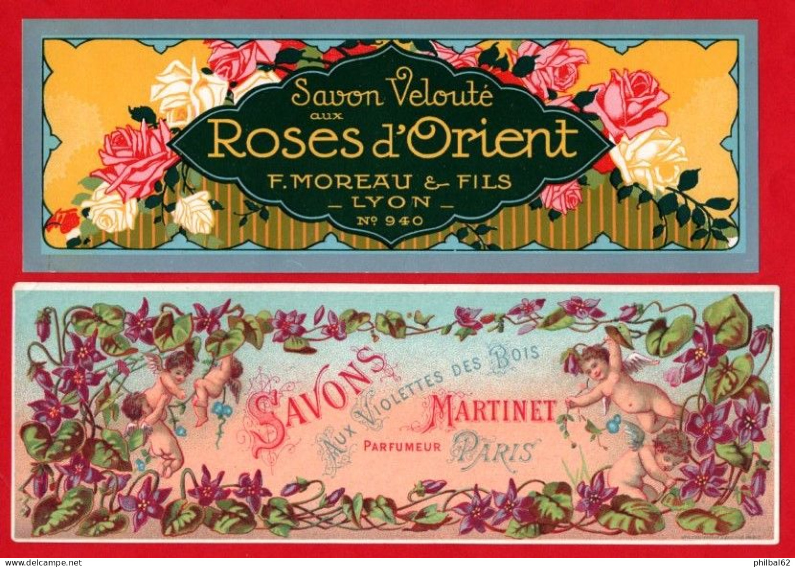 Lot De 2 étiquettes De Savon. Savon Aux Roses D'Orient Et Savon Aux Violettes Des Bois. Parfumeurs : Martinet Et Moreau. - Etiquetas