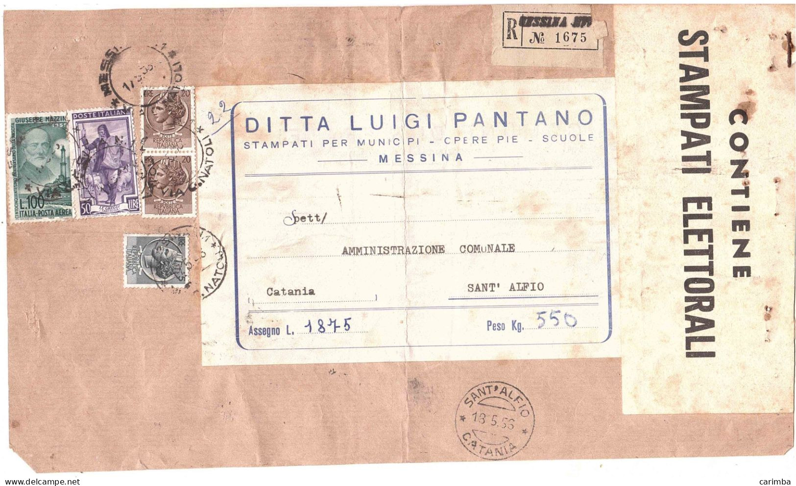 FRONTE STAMPATI ELETTORALI RACCOMANDATA DA MESSINA A SANT'ALFIO CATANIA L.100 MAZZINI POSTA AEREA - 1946-60: Marcophilia