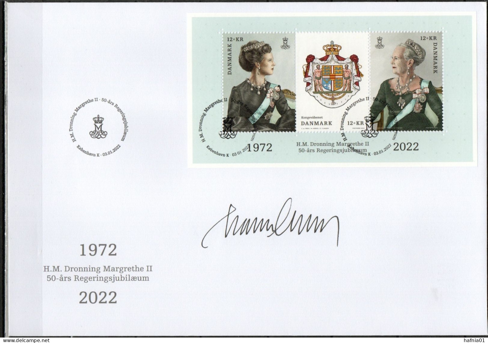 Martin Mörck. Denmark 2022. 50 Anniv Queen Margrethe II Government Anniversary. Souvenir Sheet FDC. Signed. - FDC